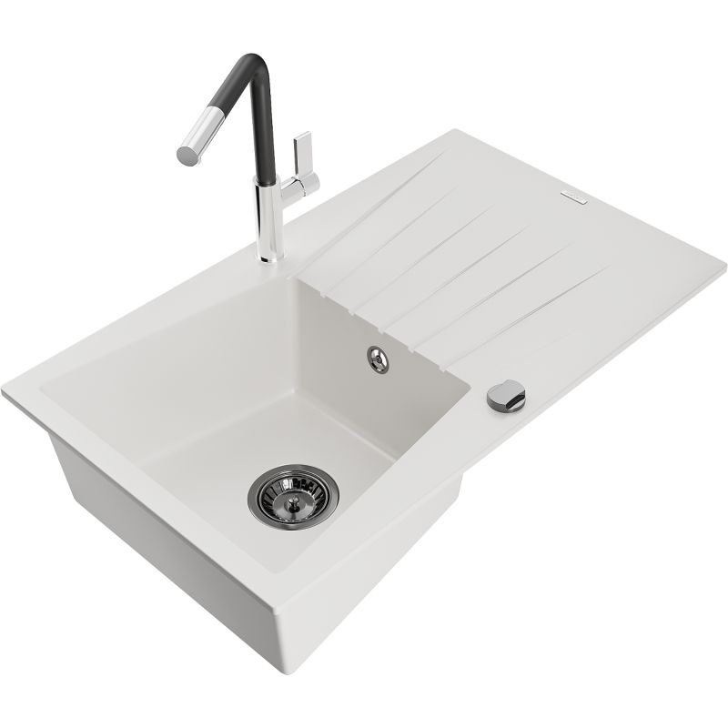 Zlewozmywak granitowy 1-komorowy Mexen Cesar z ociekaczem i baterią kuchenną Flora biały 6514-20-670401-07-B