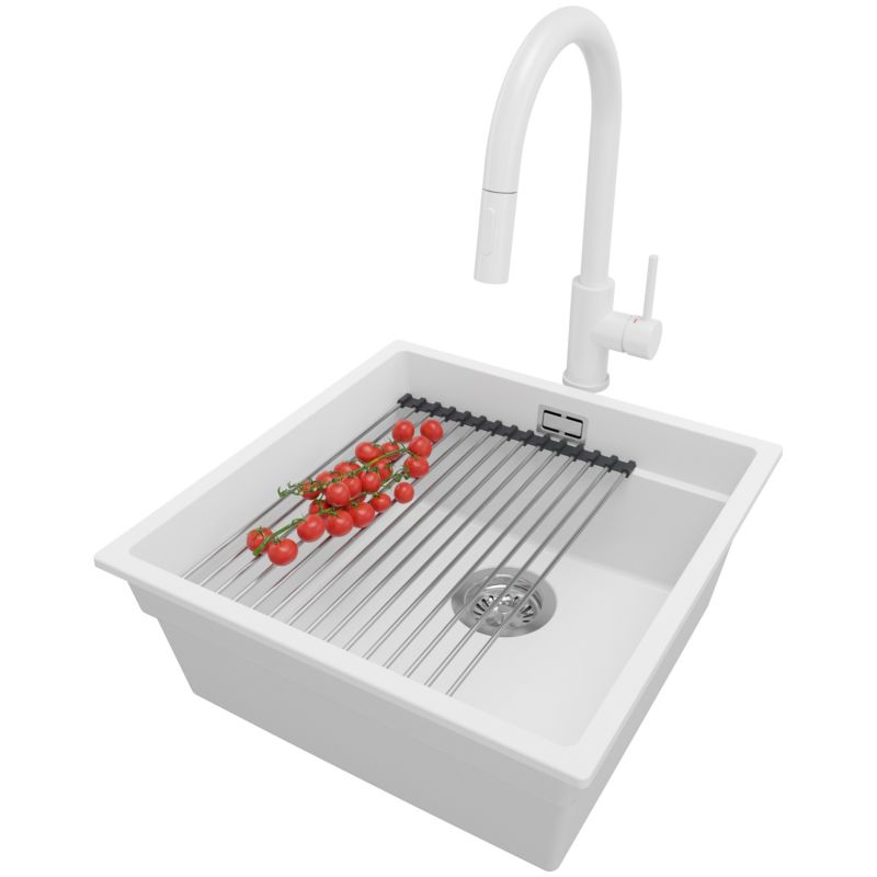 Zlewozmywak Granitowy Praga Slim PRIMAGRAN Nablatowy 46x47cm, Biały + Bateria + Syfon + Akcesorium, S202, 1 szt.