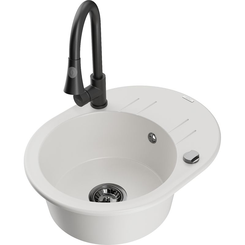 Zlewozmywak granitowy 1-komorowy Mexen Kevin z ociekaczem i baterią kuchenną Elia czarny - 6517-77-670101-50-B 1 szt.