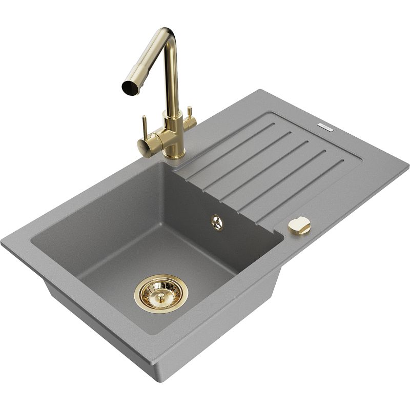 Zlewozmywak granitowy 1-komorowy Mexen Pablo z ociekaczem i baterią kuchenną Duero szary 6510-71-671600-50