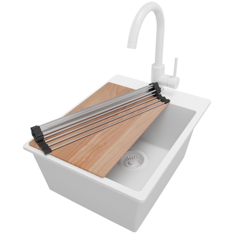 Zlewozmywak Granitowy Ryga PRIMAGRAN Nablatowy 38x50cm do szafki od 40cm z Syfonem i Baterią i Dodatkiem Cały Biały 1 szt.