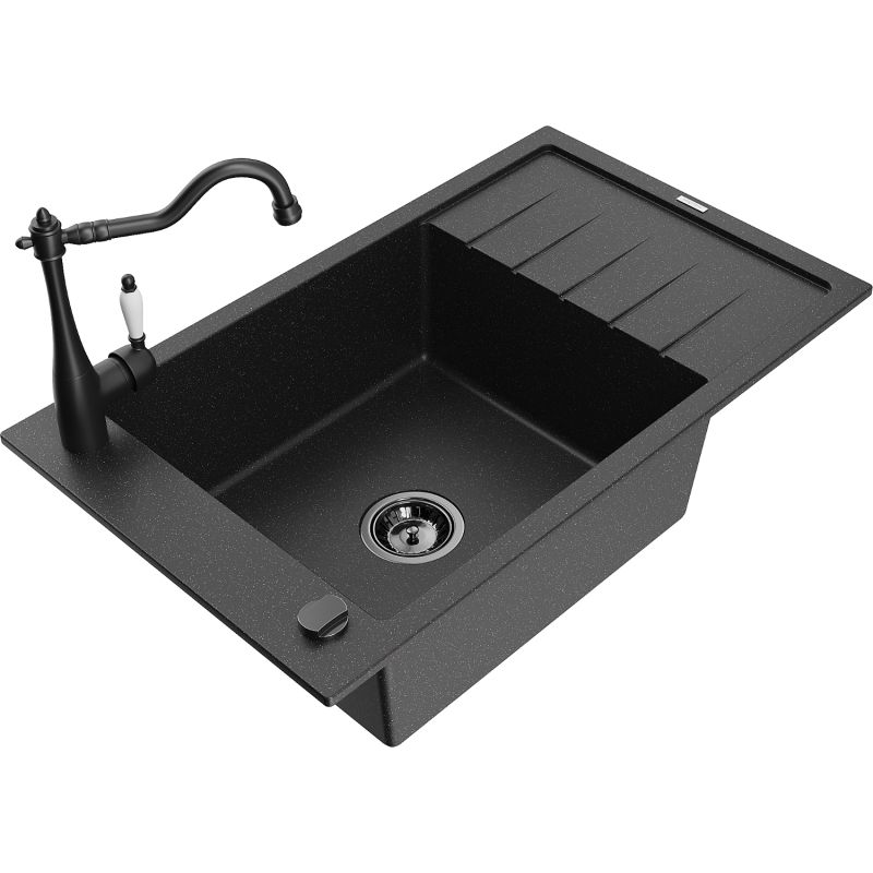 Zlewozmywak granitowy 1-komorowy Mexen Elias z ociekaczem i baterią kuchenną Carla czarny/srebrny metalik 6511-73-670700-70-B