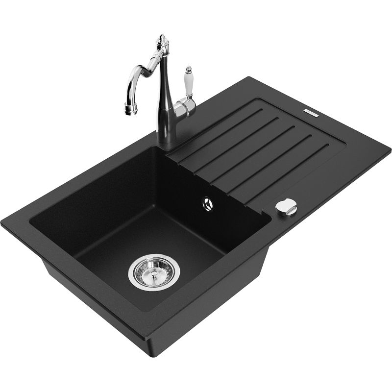 Zlewozmywak granitowy 1-komorowy Mexen Pablo z ociekaczem i baterią kuchenną Carla czarny 6510-77-670700-00