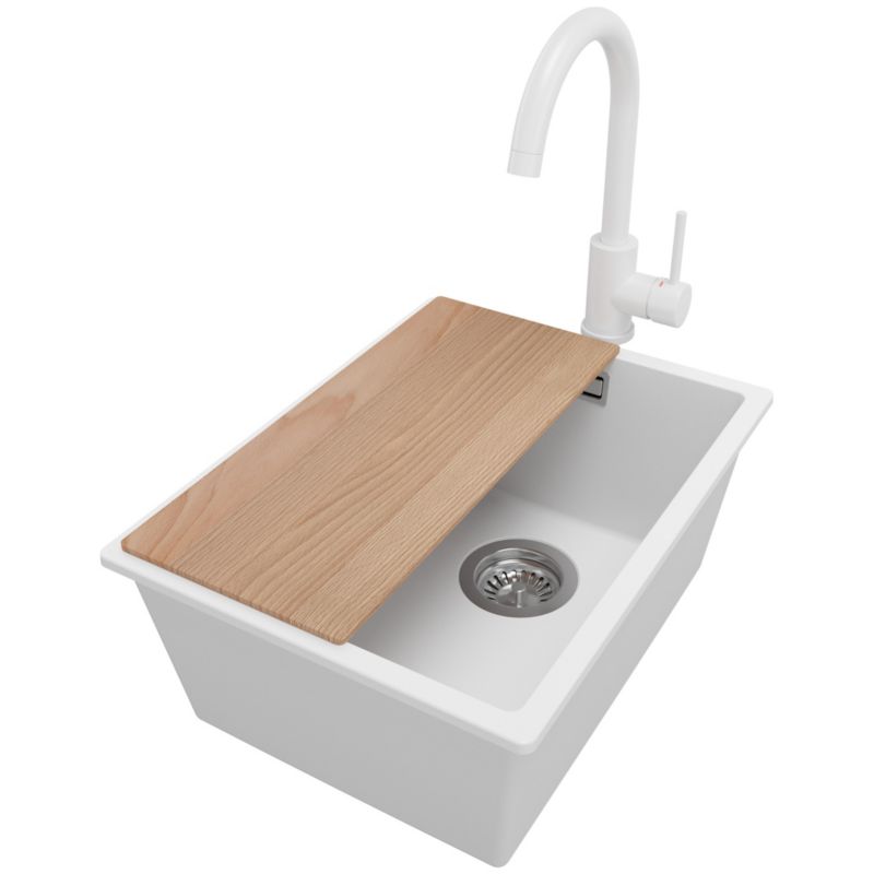 Zlewozmywak Granitowy Londyn Slim PRIMAGRAN Nablatowy 36x47cm do szafki od 40cm z Syfonem i Baterią i Dodatkiem Biały 1 szt.