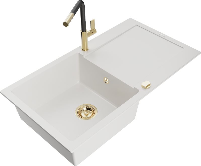 Zlewozmywak granitowy Mexen Leo 1-komorowy z ociekaczem i baterią kuchenną Flora biały - 6501-20-670401-70-B 1 szt.