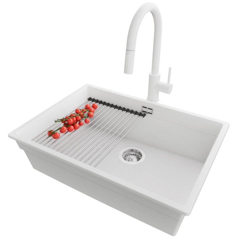 Zlewozmywak Granitowy Praga Slim PRIMAGRAN Nablatowy 66x47cm, Biały + Bateria + Syfon + Akcesorium, S450, 1 szt.