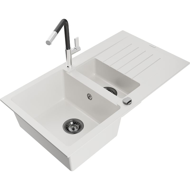 Zlewozmywak granitowy 1.5-komorowy Mexen Matias z ociekaczem i baterią kuchenną Flora biały 6502-20-670401-07-B