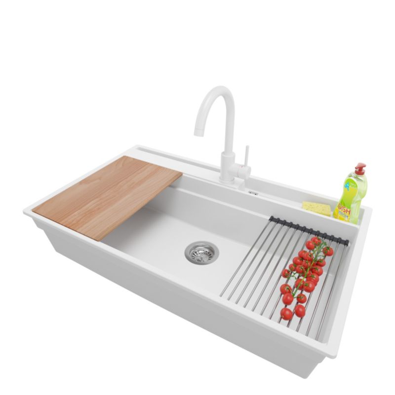 Zlewozmywak Granitowy Oslo Pocket PRIMAGRAN Nablatowy 88x53cm, Biały + Bateria + Syfon + Akcesorium, S462, 1 szt.