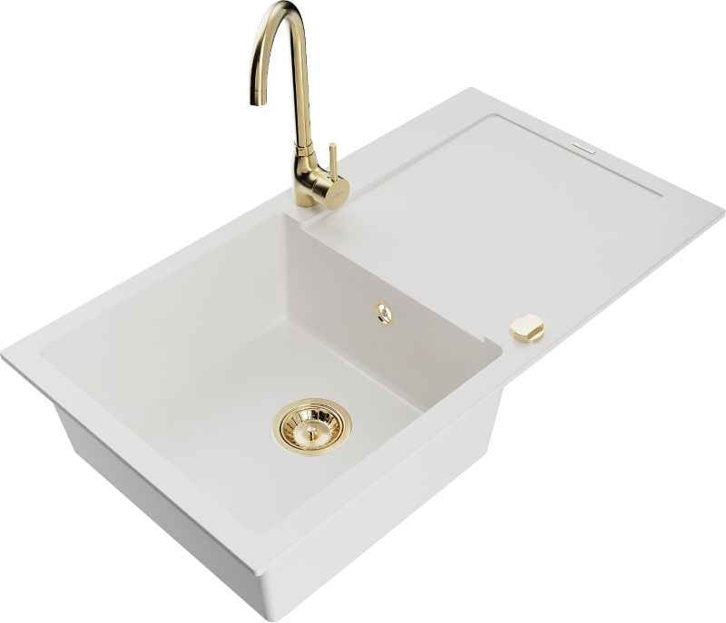 Zlewozmywak granitowy Mexen Leo 1-komorowy z ociekaczem i baterią kuchenną Telma biały - 6501-20-670200-70 1 szt.