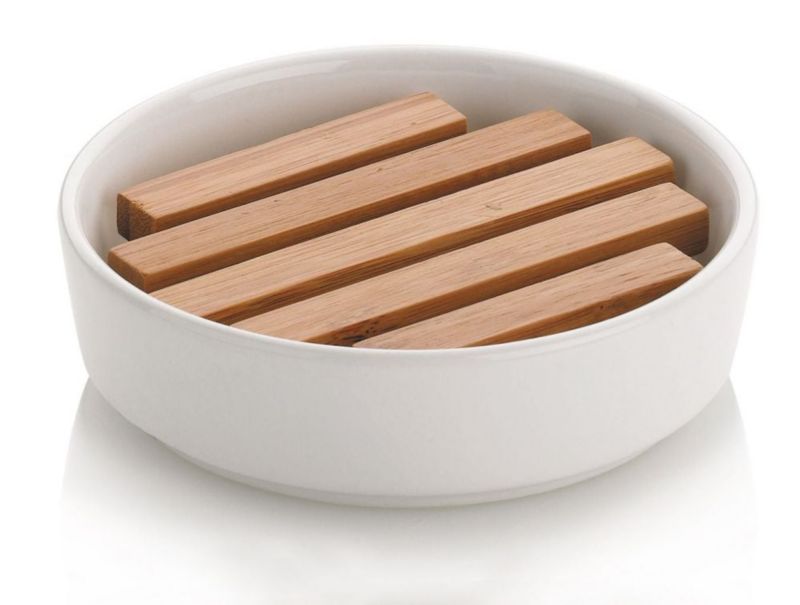 Mydelniczka stojąca Kela Natura ceramika/bambus biały/drewno średnica 11,5 cm 1 szt.