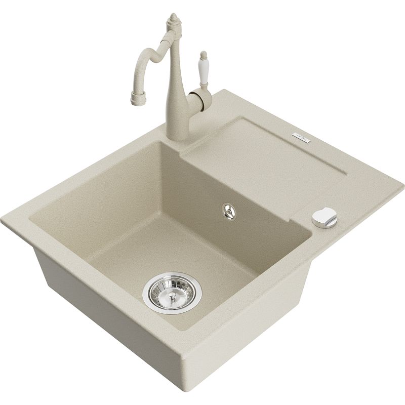 Zlewozmywak granitowy 1-komorowy Mexen Enzo z ociekaczem i baterią kuchenną Carla biały - 6506-20-670700-70 1 szt.