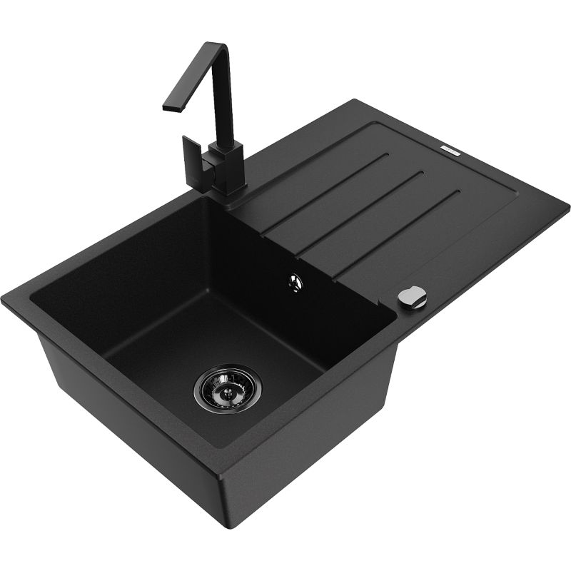 Zlewozmywak granitowy 1-komorowy Mexen Bruno z ociekaczem i baterią kuchenną Rita czarny - 6513-77-670300-70 1 szt.