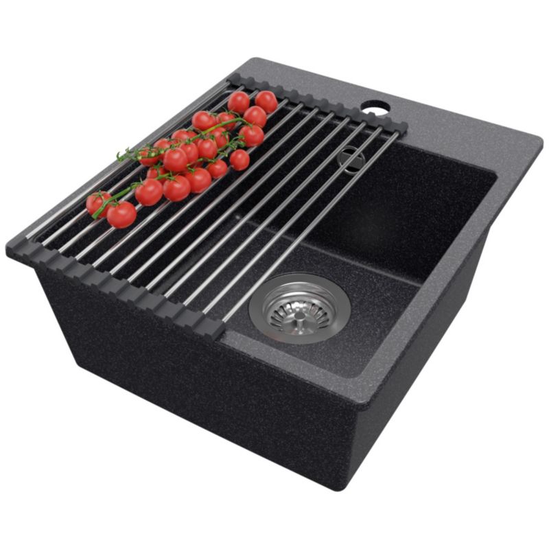 Zlewozmywak Ryga Easy PRIMAGRAN Nablatowy 38x44cm do szafki od 40cm z Syfonem i Dodatkiem Grafitowy 1 szt.