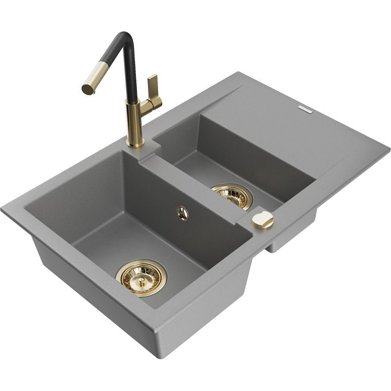 Zlewozmywak granitowy 1.5-komorowy Mexen Gaspar z ociekaczem i baterią kuchenną Flora szary 6507-71-670401-57-G