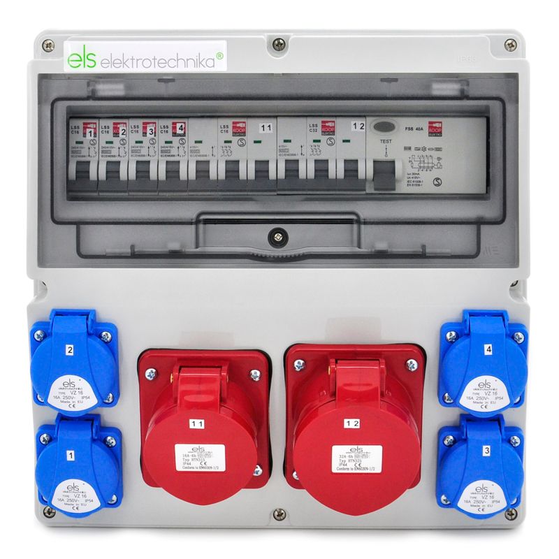 Rozdzielnica siłowa ELS Elektrotechnika 14NO44C11C11CF 4x230V 32A/5 16A/5 zabezpieczona wyłącznikiem nadprądowym i FI40/4, 1 szt.