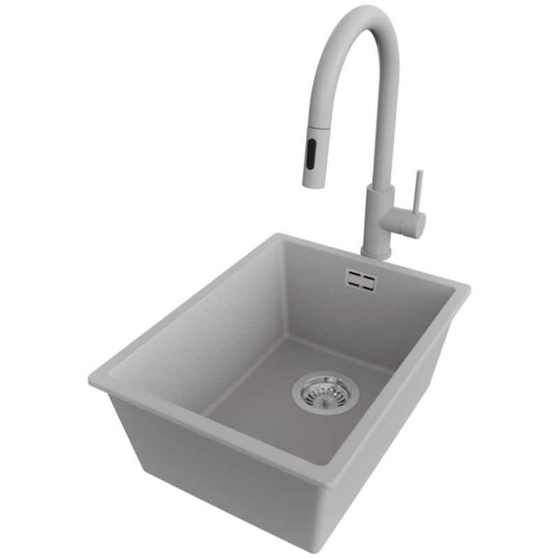 Zlewozmywak Granitowy Londyn Slim PRIMAGRAN Nablatowy 36x47cm do szafki od 40cm, Szary + Bateria 40x20cm + Syfon, S049, 1 szt.