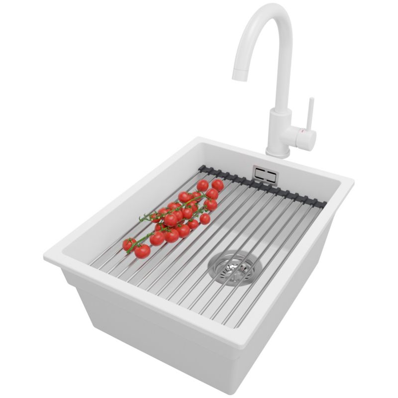 Zlewozmywak podblatowy Praga PRIMAGRAN 36x47cm do szafki od 40cm, Biały + Bateria + Syfon + Zwijany ociekacz, S059, 1 szt.