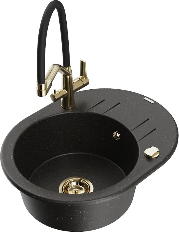 Zlewozmywak granitowy Mexen Kevin 1-komorowy z baterią kuchenną Duo czarny/złoty 6517-75-671701-57-G
