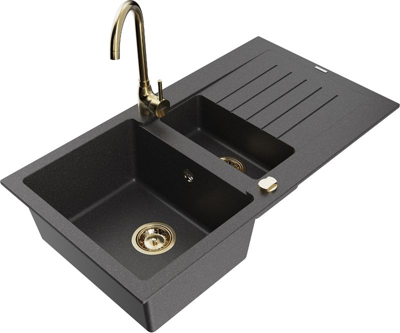 Zlewozmywak granitowy Mexen Matias 1,5-komorowy z ociekaczem i baterią kuchenną Telma czarny 6502-76-670200-50