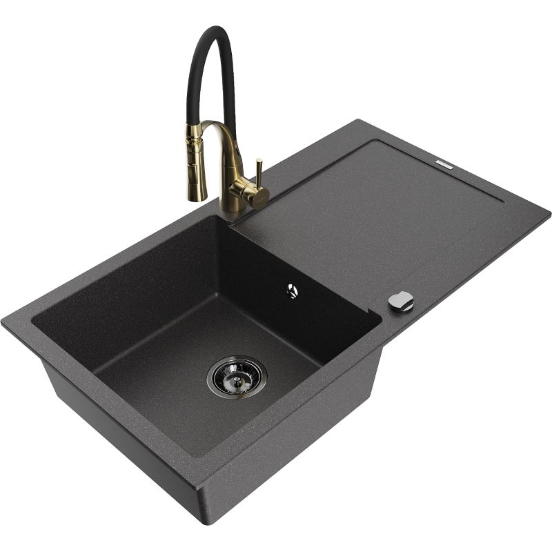 Zlewozmywak granitowy 1-komorowy Mexen Leo z ociekaczem i baterią kuchenną Aster czarny nakrapiany 6501-76-73450-57-B