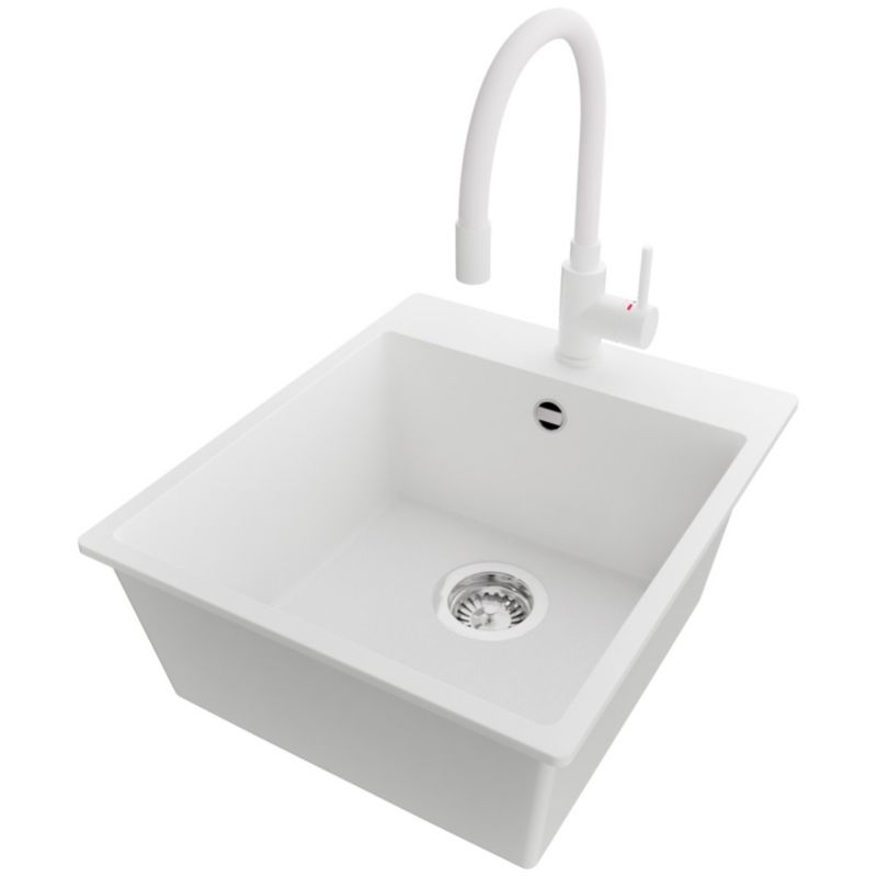 Zlewozmywak Granitowy Ryga PRIMAGRAN Nablatowy 43x50cm do szafki od 45cm, Biały + Bateria 38x14cm + Syfon, S153, 1 szt.