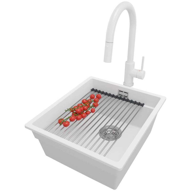 Zlewozmywak podblatowy Praga PRIMAGRAN 41x47cm do szafki od 45cm, Biały + Bateria + Syfon + Zwijany ociekacz, S132, 1 szt.