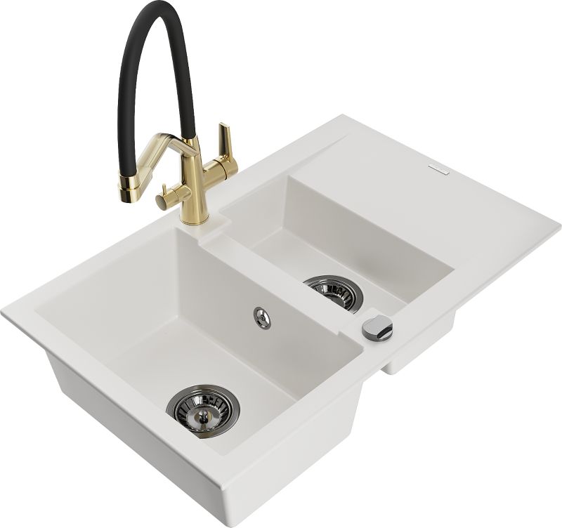 Zlewozmywak granitowy Mexen Gaspar 1,5-komorowy z ociekaczem i baterią kuchenną Duo biały 6507-20-671701-57-B