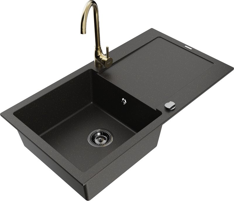 Zlewozmywak granitowy Mexen Leo 1-komorowy z ociekaczem i baterią kuchenną Telma czarny/złoty 6501-75-670200-50-B