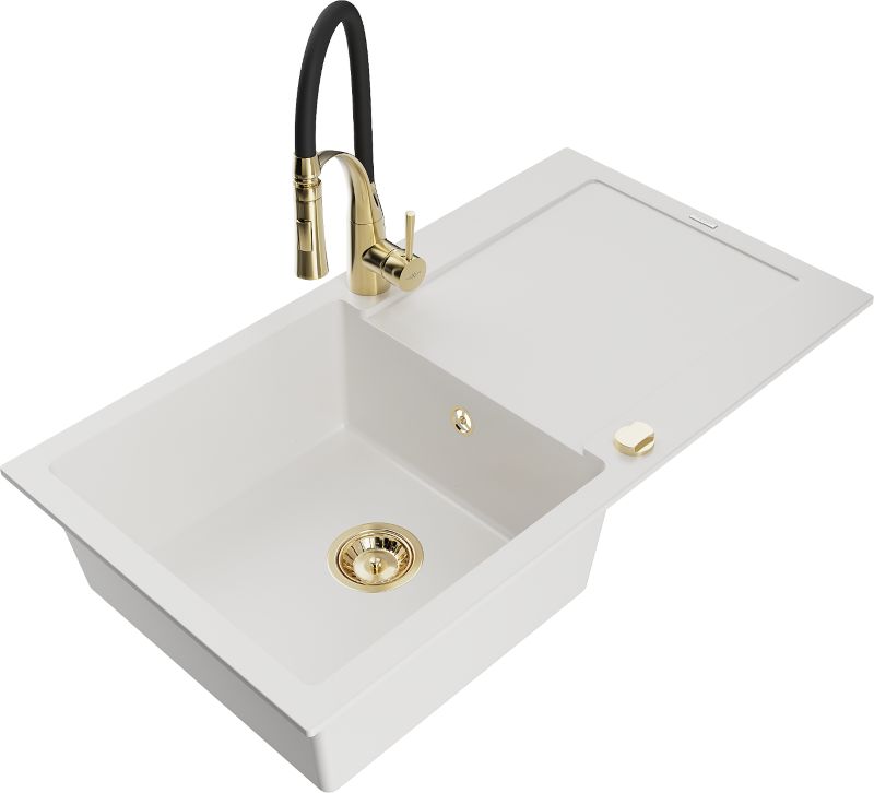 Zlewozmywak granitowy Mexen Leo 1-komorowy z ociekaczem i baterią kuchenną Carla beżowy - 6501-69-670700-70 1 szt.