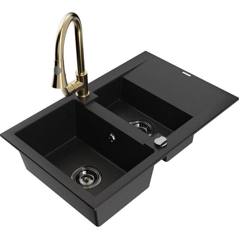 Zlewozmywak granitowy 1.5-komorowy Mexen Gaspar z ociekaczem i baterią kuchenną Elia czarny 6507-77-670101-50-B