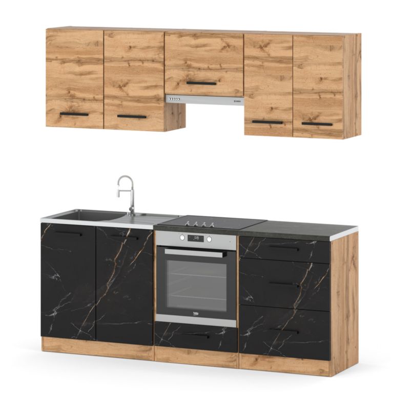 Zestaw Kuchenny Hurtownia-Mebli Z Blatem Kuchnia Mini Mokka Full 200cm Dąb Wotan Dąb Wotan/San Sebastian 200x47x145 cm 1szt.