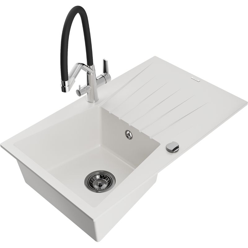 Zlewozmywak granitowy 1-komorowy Mexen Cesar z ociekaczem i baterią kuchenną Duo biały 6514-20-671701-07-B