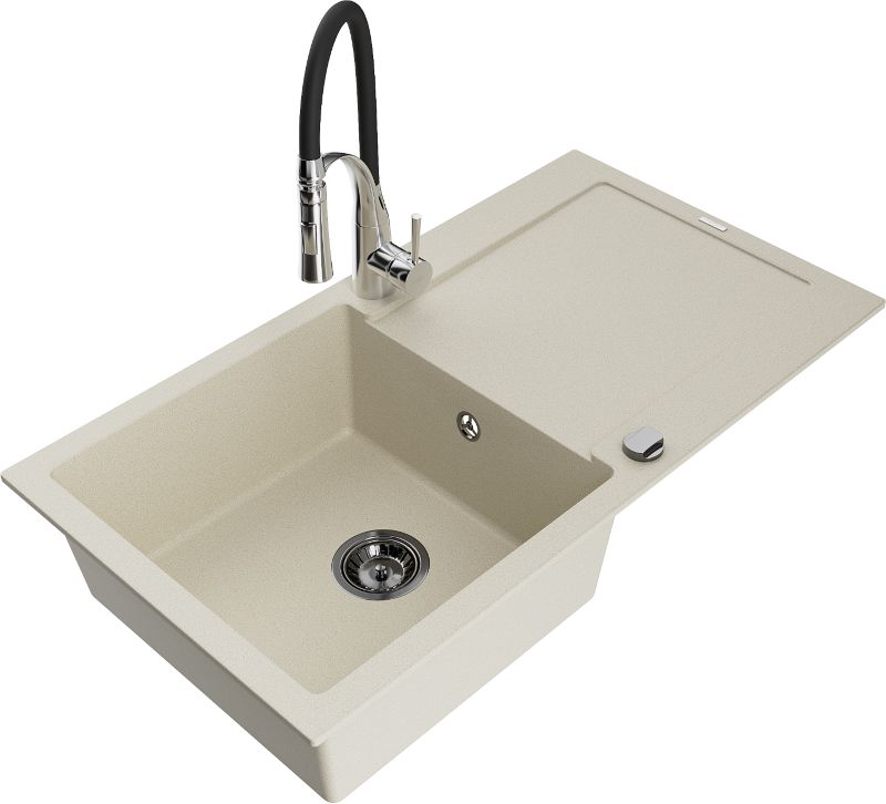 Zlewozmywak granitowy Mexen Leo 1-komorowy z ociekaczem i baterią kuchenną Aster beżowy - 6501-69-73450-57-G 1 szt.