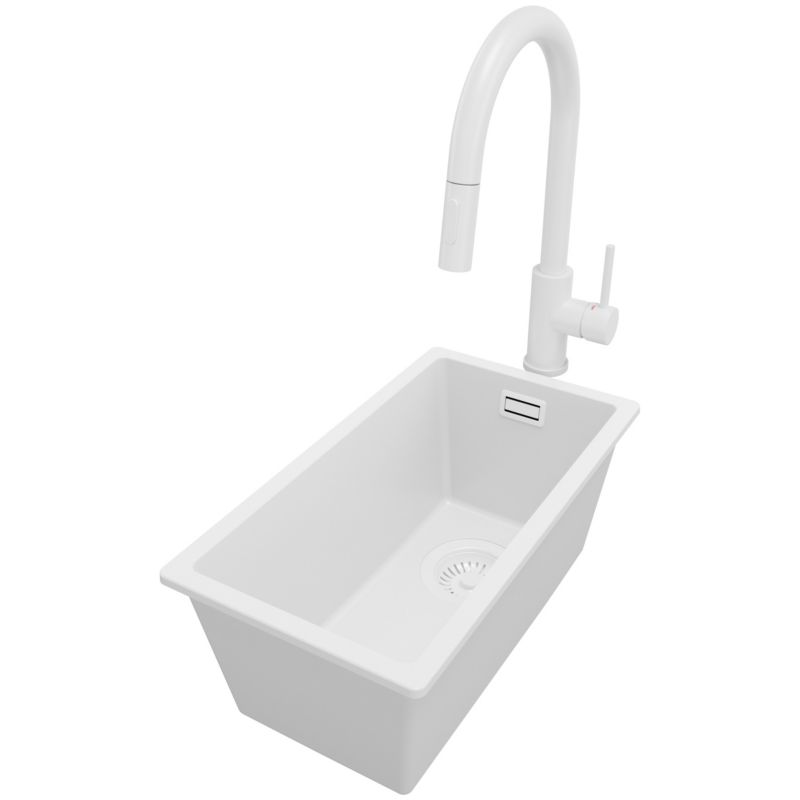 Zlewozmywak podblatowy Londyn PRIMAGRAN 26x47cm do szafki od 30cm, Cały Biały + Bateria 40x20cm + Syfon, S018, 1 szt.