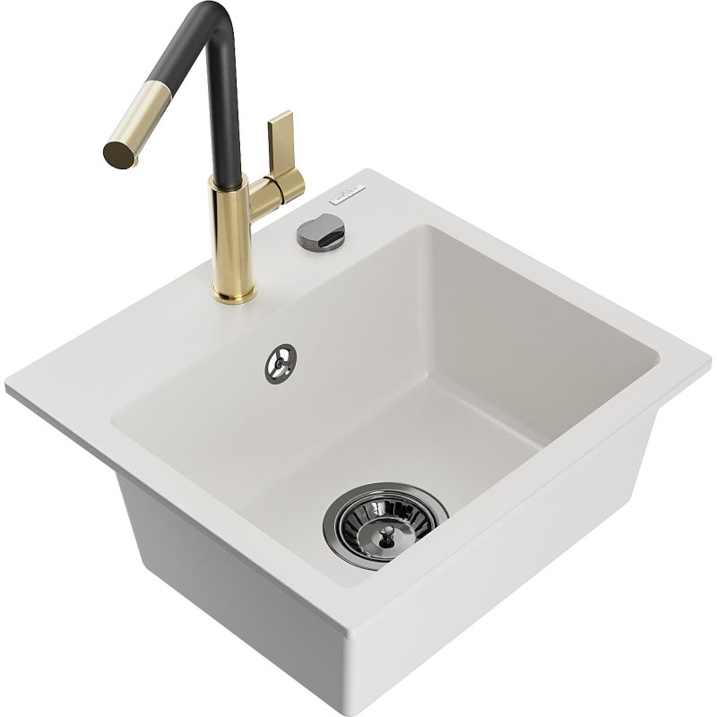 Zlewozmywak granitowy 1-komorowy Mexen Milo z baterią kuchenną Flora biały 6505-20-670401-57-B