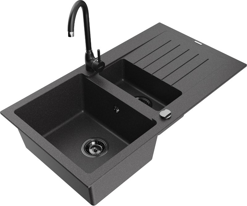 Zlewozmywak granitowy Mexen Matias 1,5-komorowy z ociekaczem i baterią kuchenną Telma czarny 6502-76-670200-70-B