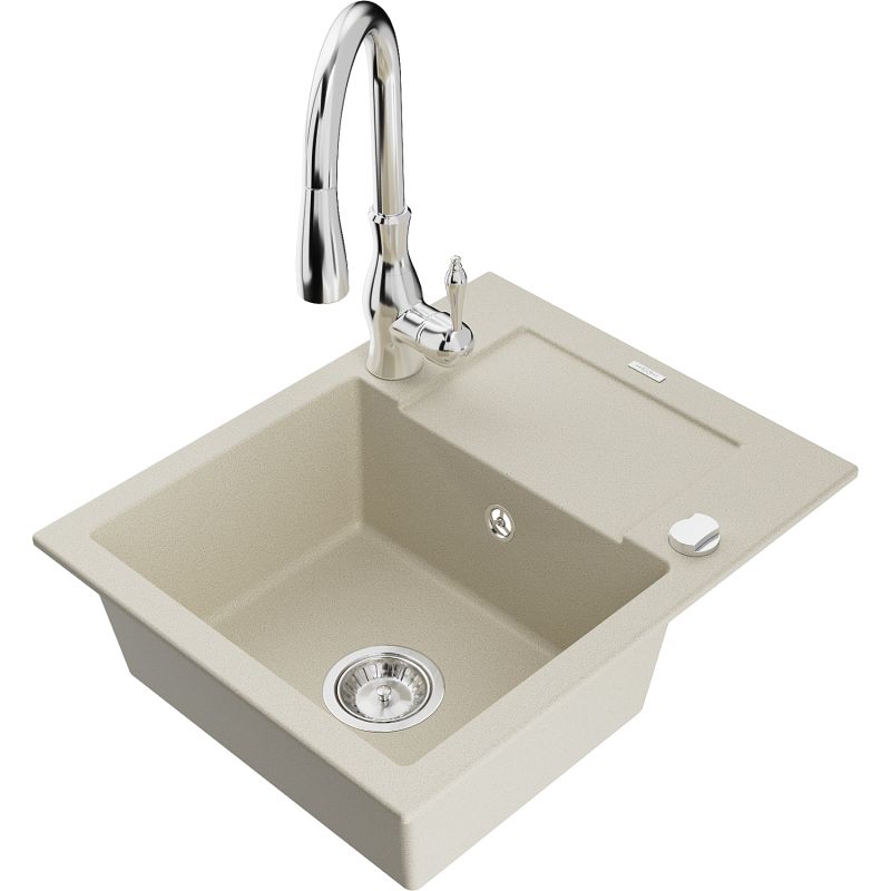 Zlewozmywak granitowy 1-komorowy Mexen Enzo z ociekaczem i baterią kuchenną Savita beżowy - 6506-69-672601-70 1 szt.