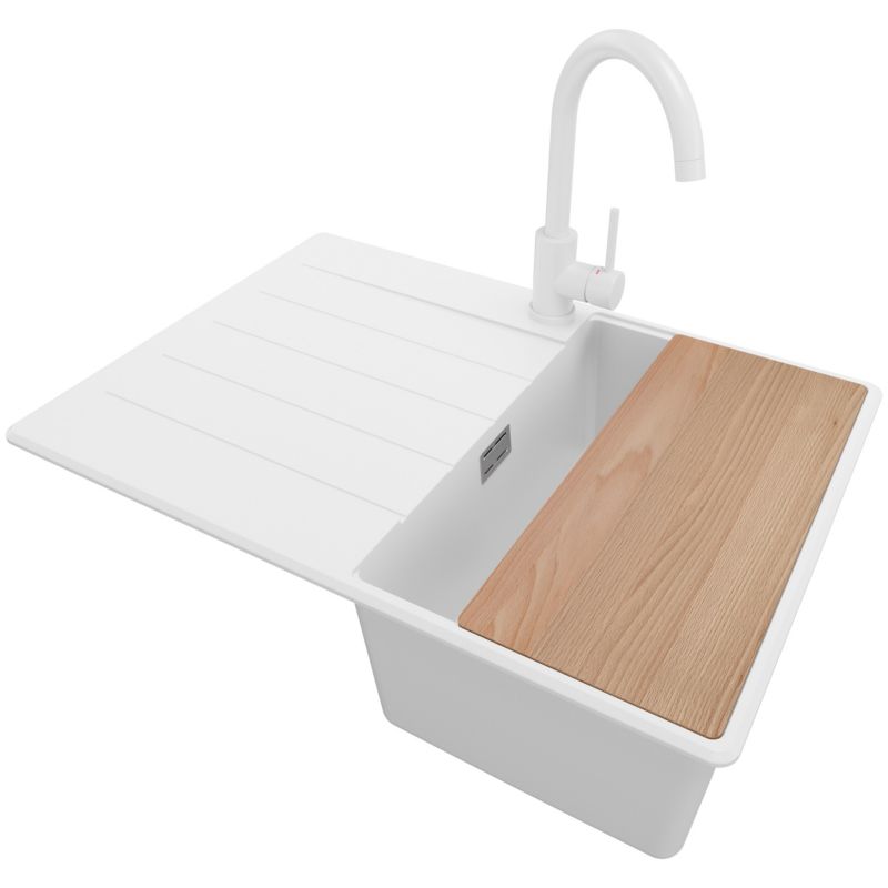 Zlewozmywak Granitowy Kopenhaga PRIMAGRAN Nablatowy 70x50cm do szafki od 40cm, Biały + Bateria + Syfon + Deska, S163, 1 szt.