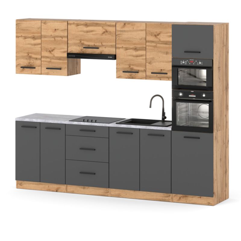 Zestaw Kuchenny Hurtownia-Mebli Z Blatem Kuchnia Marra 260cm Dąb Wotan Dąb Wotan/Szary Mat 260x47x217 cm 1szt.