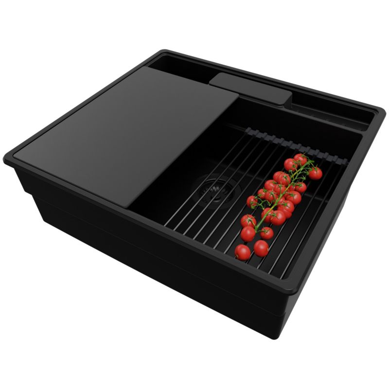 Zlewozmywak Nowy Jork PRIMAGRAN Nablatowy 58x53cm do szafki od 60cm, Cały Czarny + Syfon + Akcesoria, S057, 1 szt.