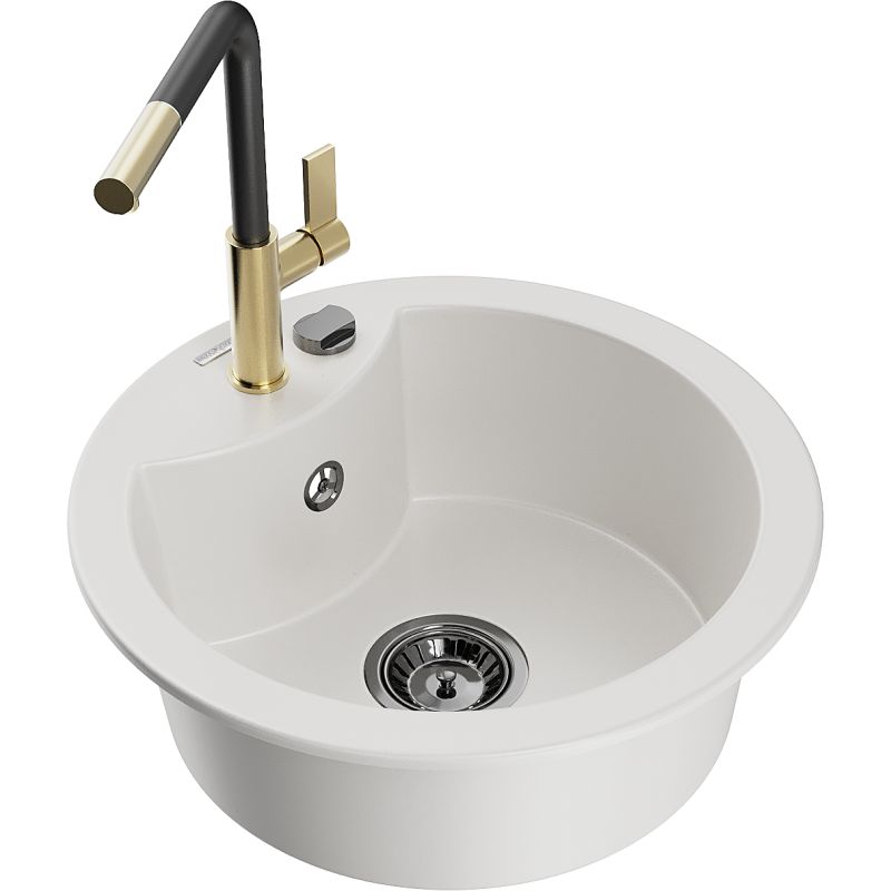 Zlewozmywak granitowy 1-komorowy Mexen Diego z baterią kuchenną Flora biały 6512-20-670401-57-B