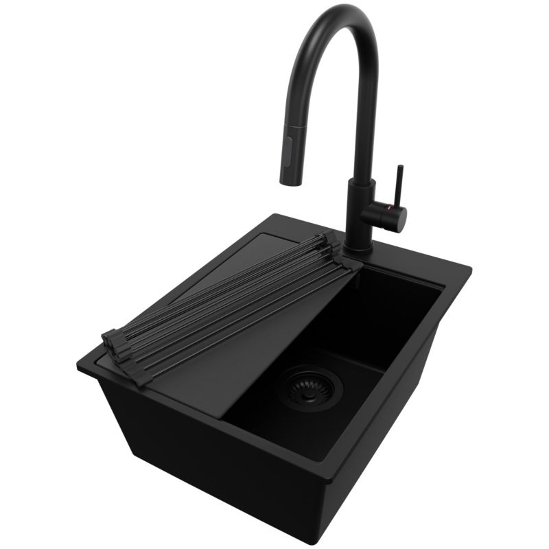 Zlewozmywak Granitowy Oslo PRIMAGRAN Nablatowy 38x50cm do szafki od 40cm z Syfonem i Baterią i Dodatkiem Cały Czarny 1 szt.