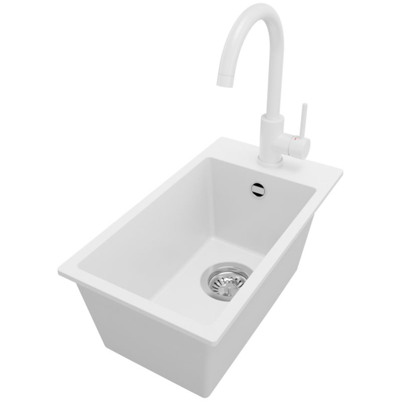 Zlewozmywak Granitowy Ryga PRIMAGRAN Nablatowy 28x50cm do szafki od 30cm, Biały + Bateria 32x20cm + Syfon, S013, 1 szt.