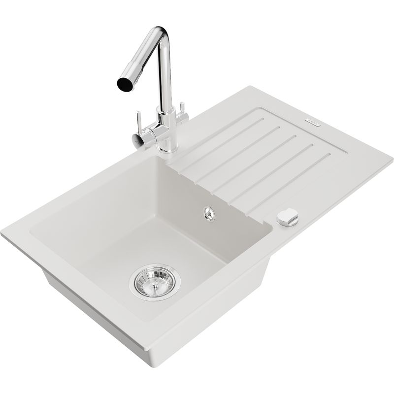 Zlewozmywak granitowy 1-komorowy Mexen Pablo z ociekaczem i baterią kuchenną Duero biały 6510-20-671600-00