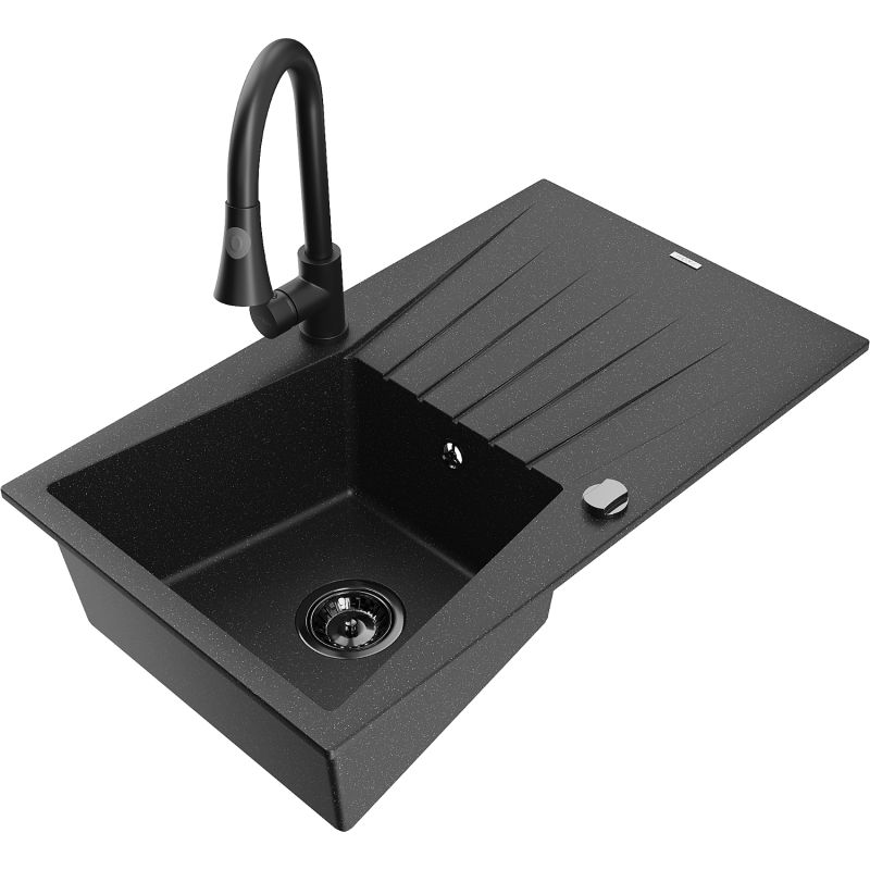 Zlewozmywak granitowy 1-komorowy Mexen Cesar z ociekaczem i baterią kuchenną Elia czarny/srebrny metalik 6514-73-670101-70-B