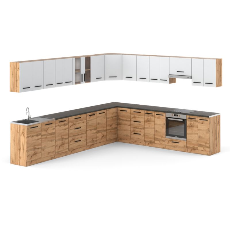 Zestaw Kuchenny Hurtownia-Mebli Z Blatem Kuchnia narożna Rossa 680cm Dąb Wotan Biały Mat/Dąb Wotan 680x47x145 cm 1szt.