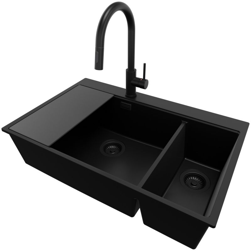 Zlewozmywak Granitowy Oslo Duo PRIMAGRAN Nablatowy 78x50cm do szafki od 80cm, Cały Czarny + Bateria + Syfon + Deska, S109, 1 szt.