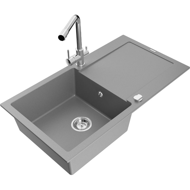 Zlewozmywak granitowy 1-komorowy Mexen Leo z ociekaczem i baterią kuchenną Duero szary 6501-71-671600-00