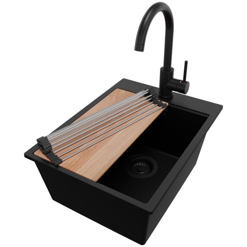 Zlewozmywak Granitowy Oslo PRIMAGRAN Nablatowy 38x50cm do szafki od 40cm z Syfonem i Baterią i Dodatkiem Cały Czarny 1 szt.