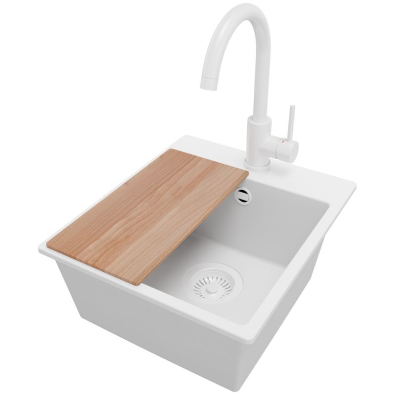 Zlewozmywak Granitowy Ryga Easy PRIMAGRAN Nablatowy 38x44cm do szafki od 40cm z Syfonem i Baterią i Dodatkiem Cały Biały 1 szt.